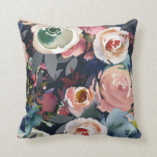 Coussin Bleu foncé et rose blush floral aquarelle chic