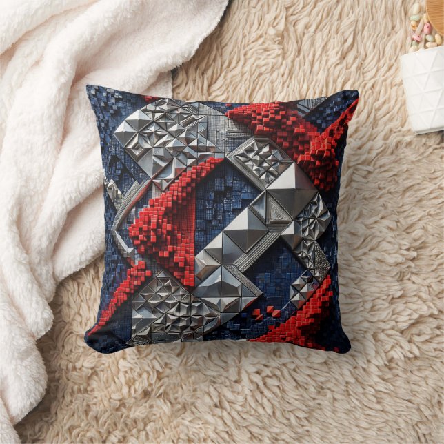 Coussin Bleu foncé Rouge vif Argent Micro Mosaïque 3D  (Couverture)