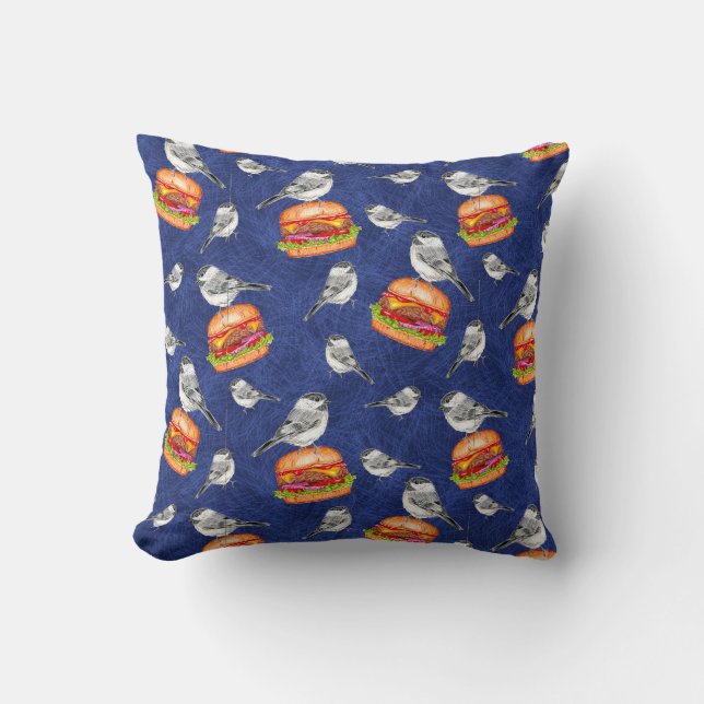 Coussin Bleu foncé sur les oiseaux de Cheeseburger en Taho (Recto)