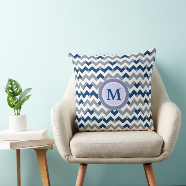 Coussin Bleu géométrique tendance Chevron Stripes monogram (Chaise)