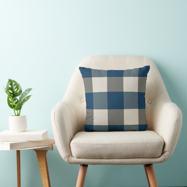 Coussin Bleu Gris Blanc Plaid Buffalo pour une Création de (Chaise)