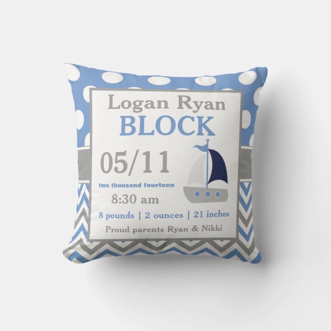Coussin bleu gris de faire-part de bébé de voilier (Recto)