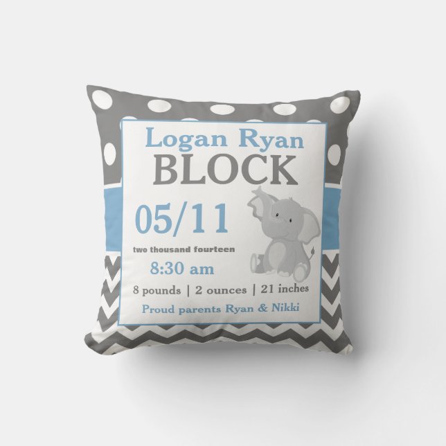 Coussin bleu gris de faire-part de bébé d'éléphant (Recto)
