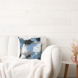 Coussin Bleu Gris Noir Abstrait Brosses