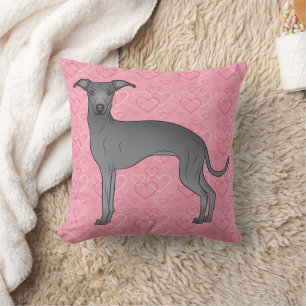 Coussin Bleu Italien Greyhound Chien mignon Sur Coeur Rose