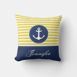 Coussin Bleu Jaune Ancre Nautique Conception Nom personnal