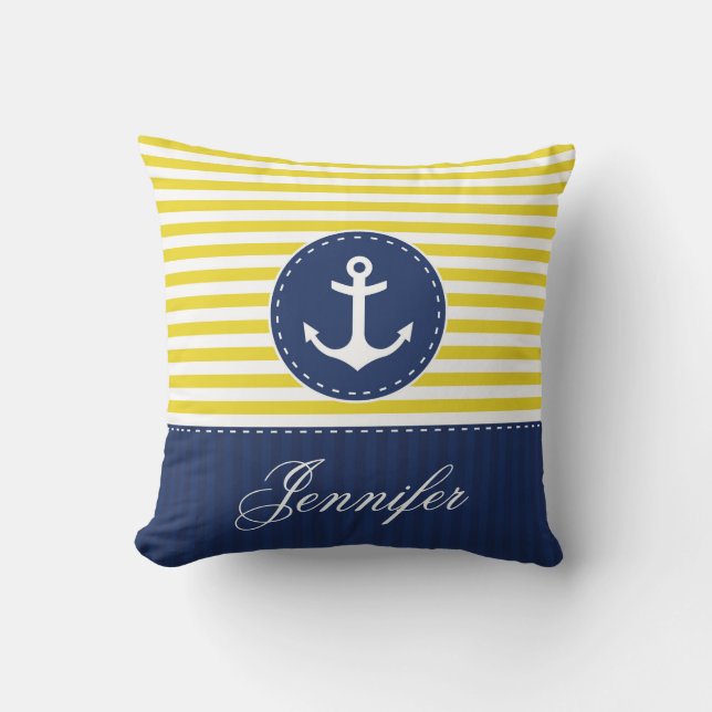 Coussin Bleu Jaune Ancre Nautique Conception Nom personnal (Recto)