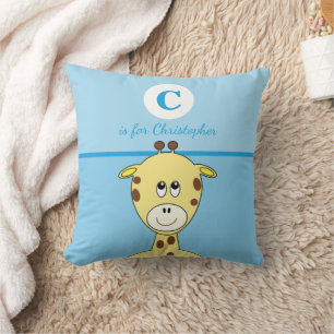 Coussin Bleu jaune brun avec un joli nom de bébé girafe