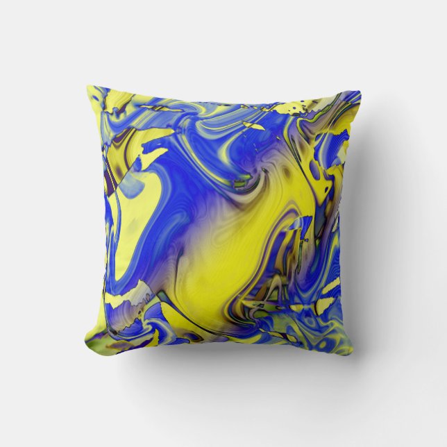 Coussin Bleu Jaune Charbon Orné Art Méditerranéen (Recto)