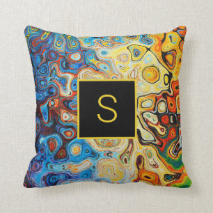 Coussin Bleu jaune-orange de monogramme moderne d'art