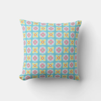 Coussin Bleu jaune rose 60s les années 70 fleurs à damiers
