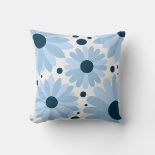 Coussin Bleu marguerite de style rétro et points bleu fonc