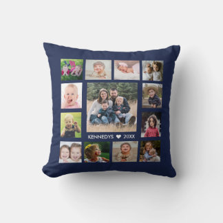 Coussin Bleu Marine 13 Photo Collage Nom de Famille Rayé 