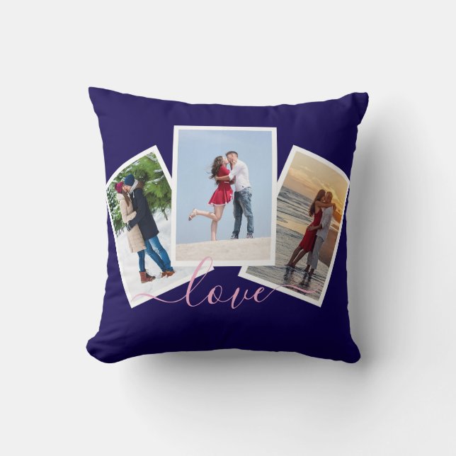 Coussin Bleu marine 3 Collage photo Amour Écriture rose (Recto)