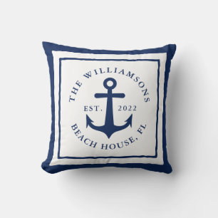 Coussin Bleu Marine Ancre marine Monogramme de famille