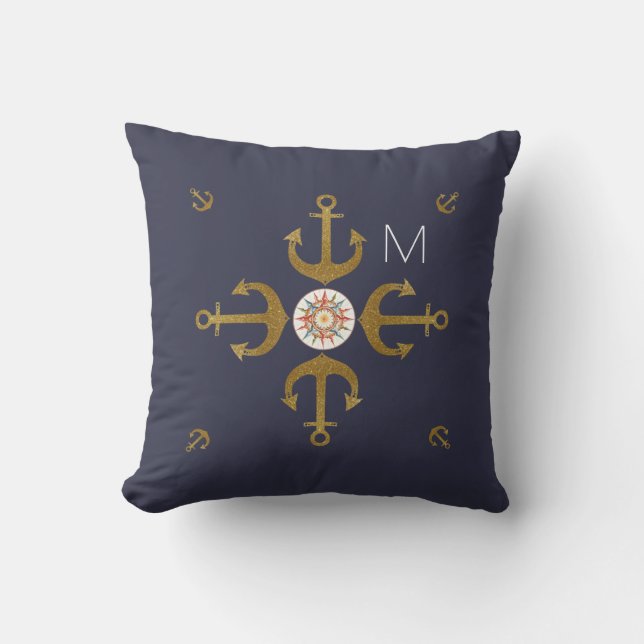 Coussin bleu marine ancres dorées jolies (Recto)