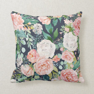 Coussin bleu marine aux fleurs roses et blanches