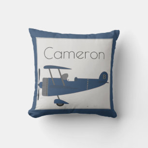 Coussin Bleu marine avion vintage nom personnalisé garçon