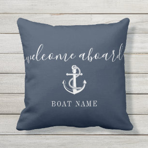 Coussin Bleu marine Bienvenue à bord Nom du bateau Ancre
