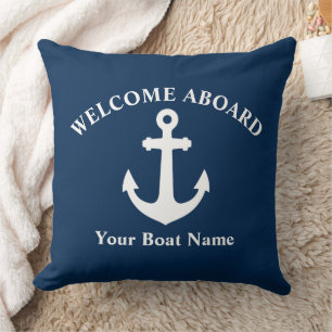 Coussin Bleu marine Bienvenue à bord Nom du bateau Ancre n