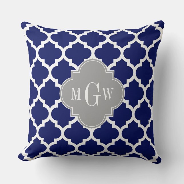 Coussin Bleu Marine Blanc Marocain #5 Gris 3 Initial Monog (Recto)