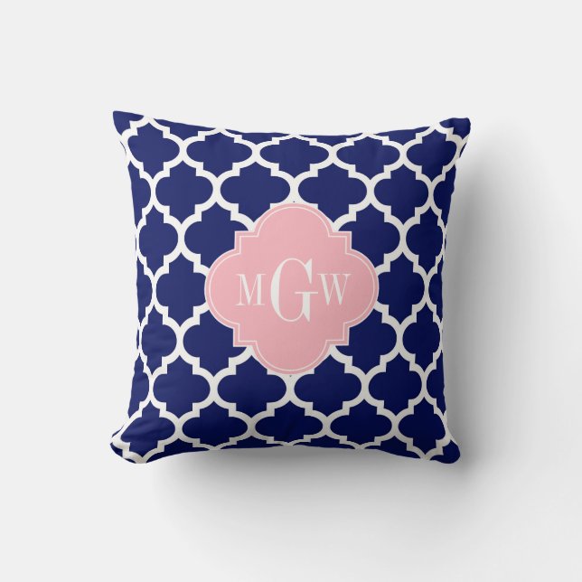 Coussin Bleu Marine Blanc Marocain #5 Rose 3 Initial Monog (Recto)