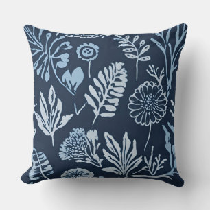 Coussin Bleu marine bleu clair floral botanique