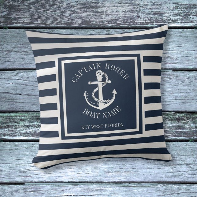Coussin Bleu marine Capitaine personnalisé Ancre nautique (Navy Blue Personalized Captain Nautical Anchor Throw Pillow)