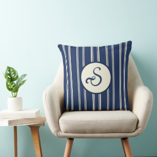 Coussin Bleu marine chaud ivoire rayures classiques élégan