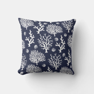 Coussin Bleu marine côtier de coraux et de coquillages de