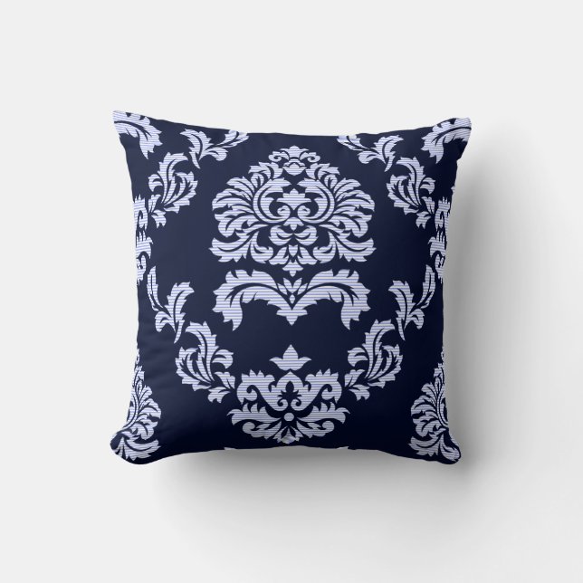 Coussin Bleu marine de motif de damassé et rayure (Recto)