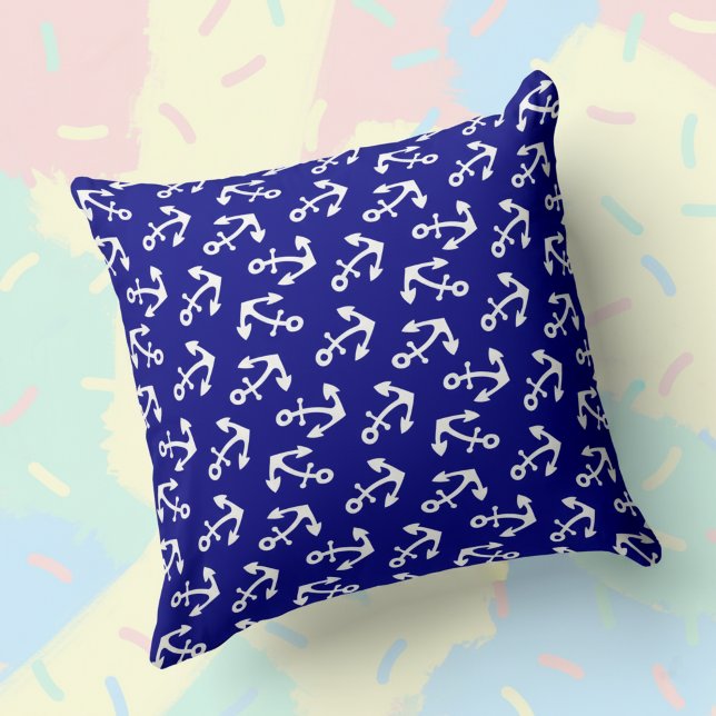 Coussin Bleu Marine Et Ancres Blanches Toile Coton Grande  (Navy blue and white anchor pillow.)