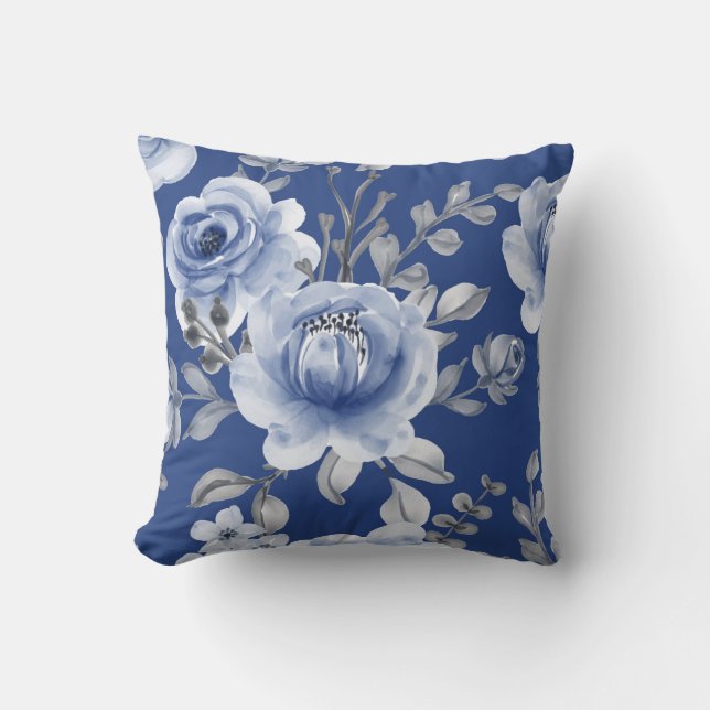 Coussin Bleu marine et Elégante aquarelle moderne Floral (Recto)