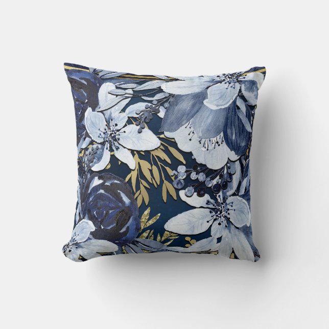 Coussin Bleu marine et or Élégant Moderne Aquarelle Floral (Recto)