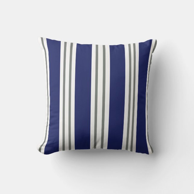 Coussin Bleu marine et rayures côtières blanches (Recto)