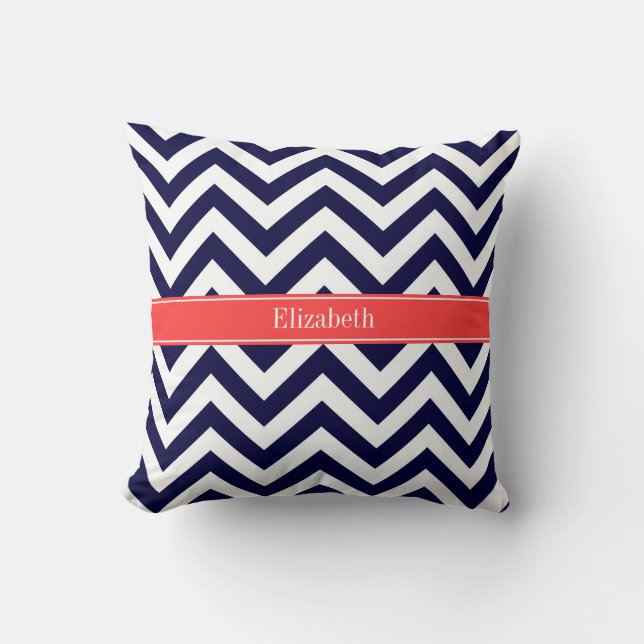 Coussin Bleu Marine Grand Chevron Corail Rouge Monogramme  (Recto)
