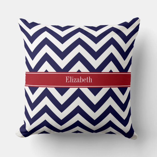 Coussin Bleu Marine Grand Chevron Cranberry Monogramme Nom (Recto)