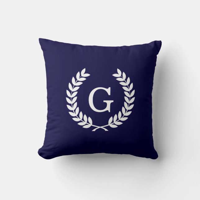 Coussin Bleu marine Laurier Blanc Blé Couronne Monogramme  (Recto)