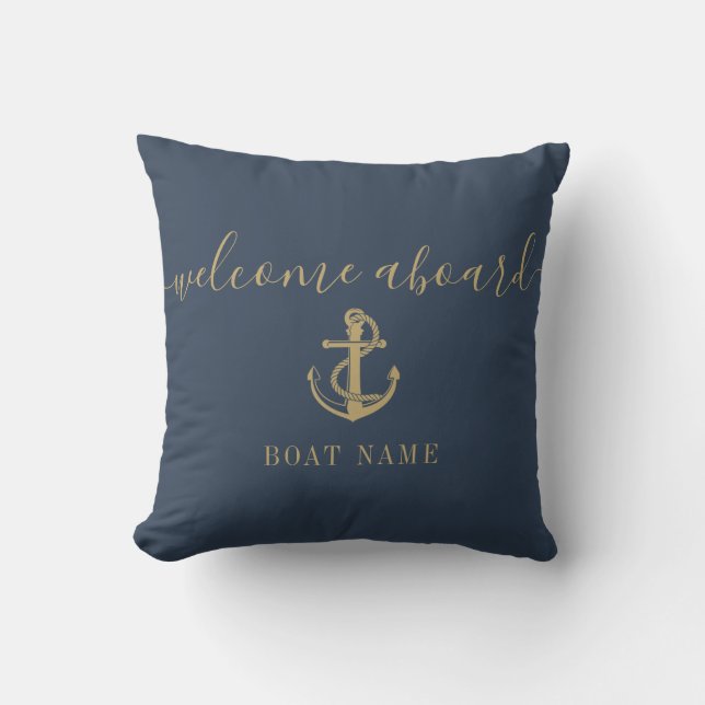 Coussin Bleu Marine Or Bienvenue à Bord Nom du Bateau (Recto)
