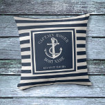 Coussin Bleu marine personnalisé capitaine ancre nautique<br><div class="desc">Un design nautique avec une ancre,  des rayures élégantes bleu marine et blanc et personnalisé avec le nom du capitaine,  le nom du bateau et le lieu. Conçu par Thisisnotme©</div>