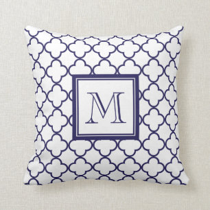Coussin Bleu marine, Quatrefoil blanc votre monogramme