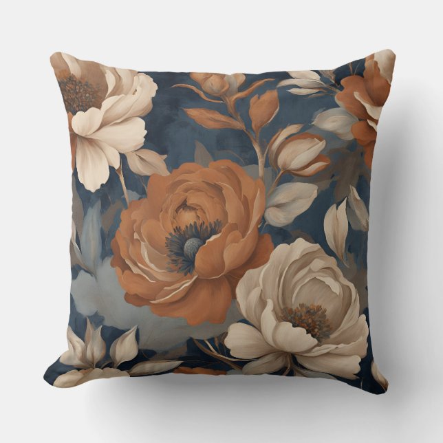 Coussin Bleu marine rouille Floral Moderne de Ferme (Recto)