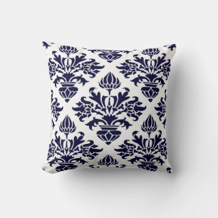 Coussin Bleu marine vintage grand damas floral blanc fond