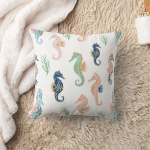 Coussin Bleu Menthe Vert Rose Hippocampes Rayures Ondulées