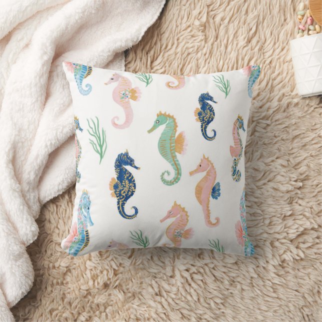 Coussin Bleu Menthe Vert Rose Hippocampes Rayures Ondulées (Couverture)