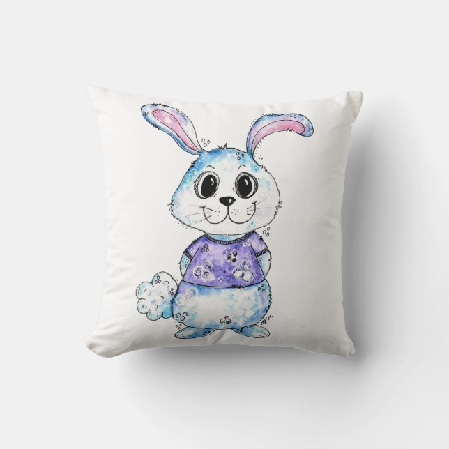 Coussin Bleu mignon et blanc et lapin rose (Recto)