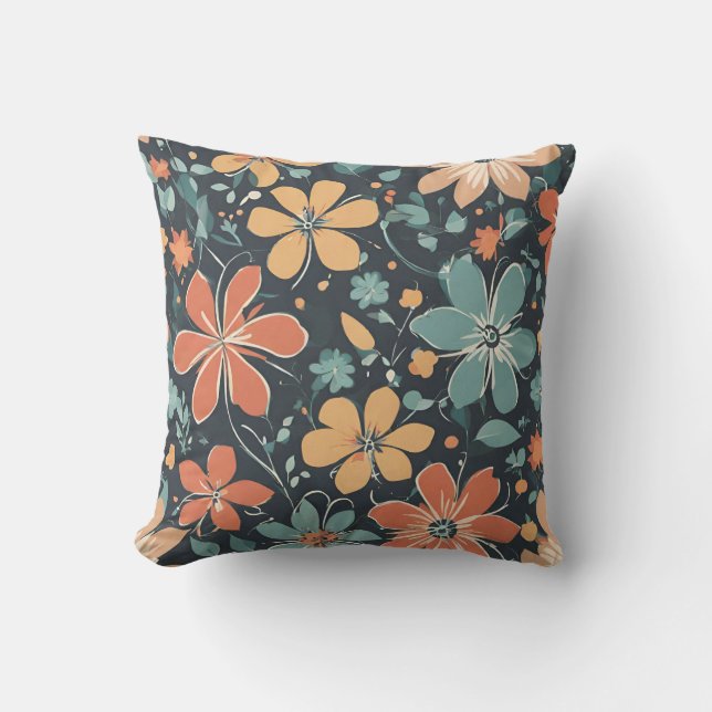 Coussin Bleu Moderne Vibrant, Orange, Fleurs Jaunes. Retro (Recto)