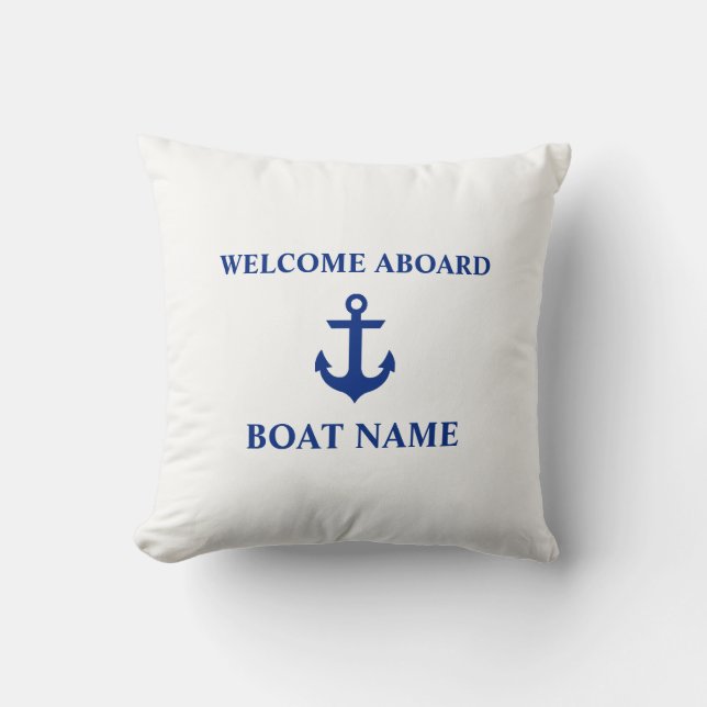 Coussin Bleu nautique Bienvenue à bord Nom du bateau Blanc (Recto)