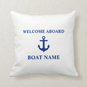Coussin Bleu nautique Bienvenue à bord Nom du bateau Blanc