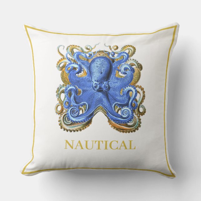 Coussin Bleu Nautique Bleu Stripe Octopus Boat Beach House (Recto)